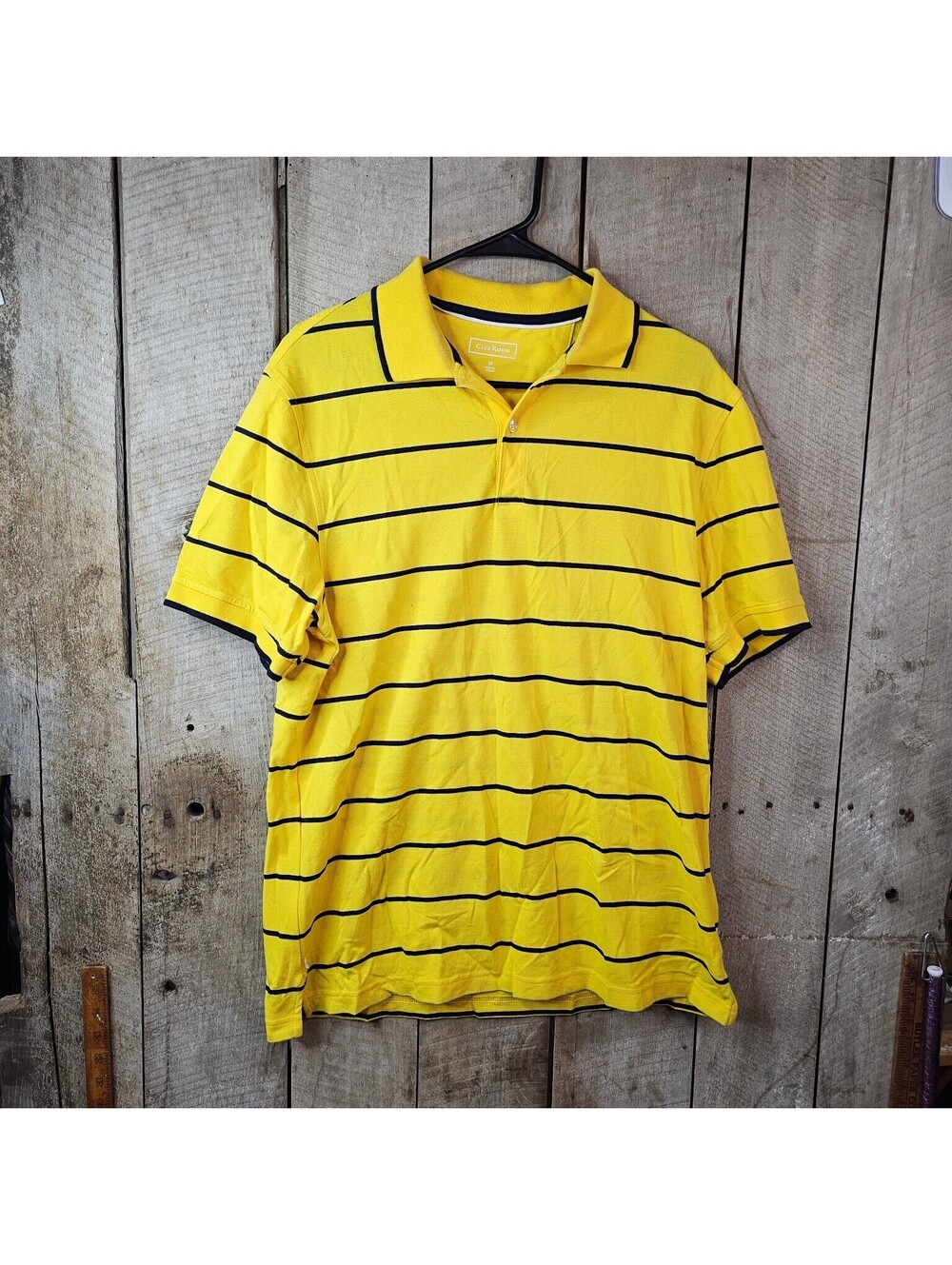 Club Room Men's M Yellow Navy Blue Striped Pique Polo Shirt Classic Fit Short